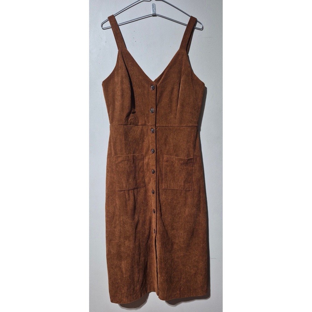 Lulus Brown Corduroy Button Down Pinafore Midi Dress Rust Orange Womens Large